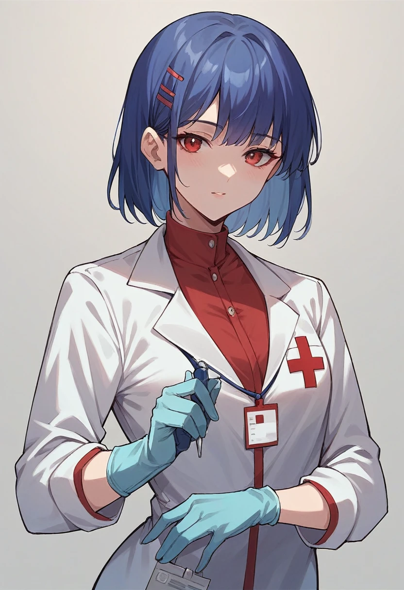 1girl, bangs, ((blue medical gloves)), ((((long sleeves)))), looking at viewer, ((red doctor outfit)), standing, solo