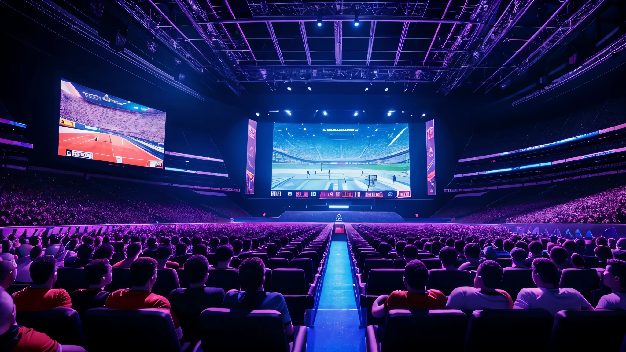 esport arena, gamers competing, people in bleachers, jumbo tron screens, tv screens, ultrarealistic, 4k, 8k, photorealistic, extremely detailed, professional 3d render, cinematic lighting, dramatic composition, vibrant colors, dynamic action pose, three tv screens