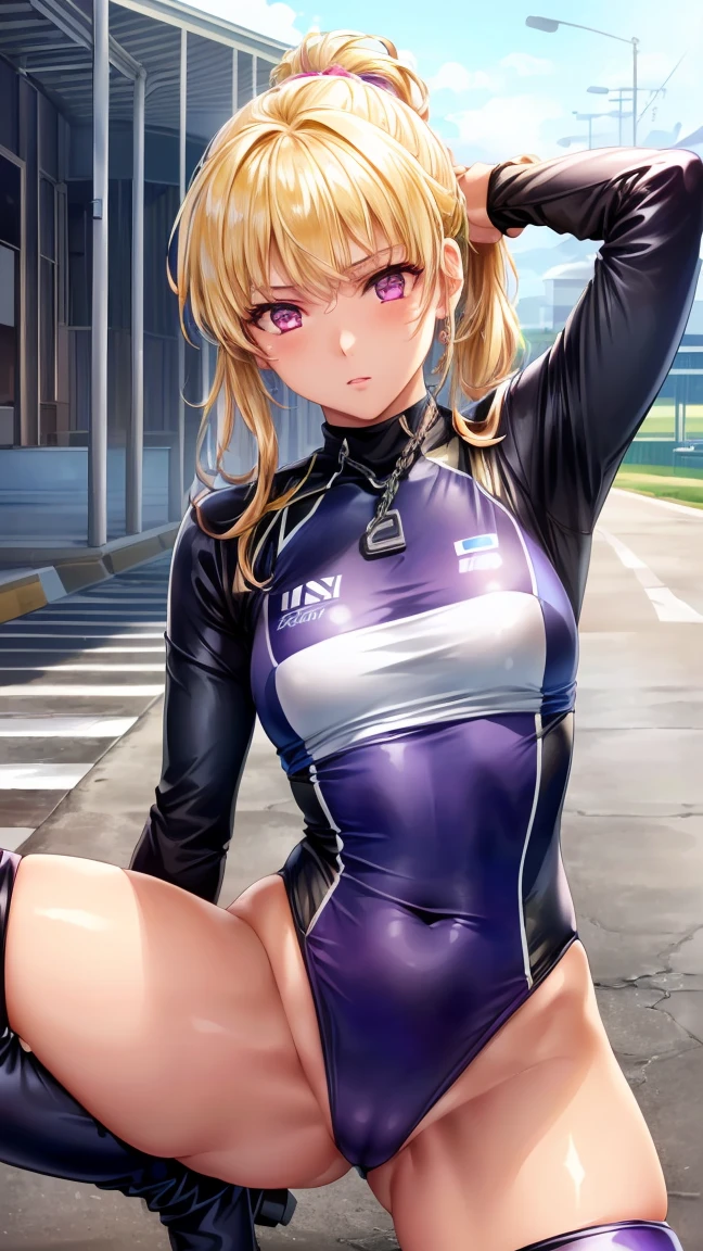 (masterpiece:1.2, Highest quality), (Realistic, photoRealistic:1.4), Beautiful illustrations, (Natural Side Lighting, Cinema Lighting), avert your eyes, (Cowboy Shot), 2 women, Grid Girls, 40 years old, (((Mature Woman))), (Beautiful anime faces), Japanese, Perfect Face, Perfect Anatomy, Symmetrical cute face, Glowing Skin, Blunt bangs, (Intense glowing purple eyes:1.3), ((Blonde)), Beautiful Hair, Beautiful Face, Beautiful clavicle, Beautiful body, Beautiful breasts, Beautiful thighs, Beautiful legs, Beautiful fingers, (Perfect Face, Perfect Anatomy), (Two legs, Five Fingers), ((Grid Girls, Racing Suits, Race Queen Costume:1.3. Purple and black bodysuit with sponsor logos:1.3, Shiny arm covers:1.3, Shiny knee-high boots:1.3)), (Beautiful views), Written boundary depth,((Tall Woman), (Slim figure), (small breasts directed upwards)), (masterpiece:1.4), (Highest quality:1.4), Realistic, 1 girl, (Pull your arms back, Leaning forward), (masterpiece, Premium Quality: 1.2), ((A face that is frightened)), ((Spread your legs, Spread your legs)), ((Chain around neck)), Spread your legs, M-shaped Spread your legs, Spread your legs, Spread your legs, ((Open your thighs)), masterpiece, Highest quality, Ultra-precision, really beautiful, Highest quality, High resolution,Anatomically correct hand, View from below, (Silicone Skin)