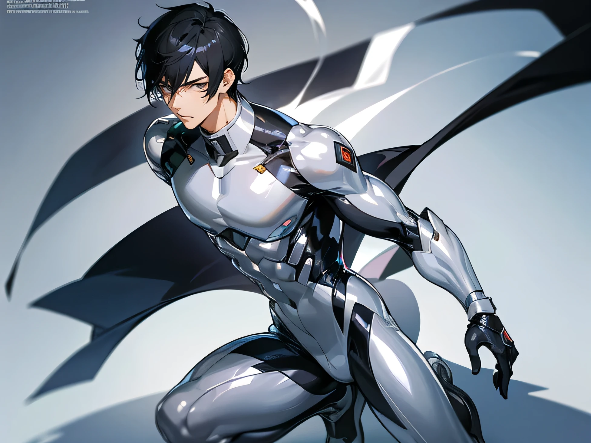 Handsome Short cut Very very short black hair Age 25 A tight rubber suit in white and navy blue Bulge gloves White tight rubber suit Future universe Black Hair looking at the camera up