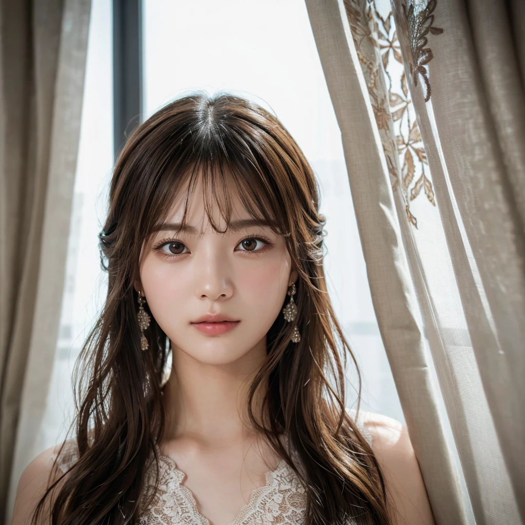 (Highest quality,masterpiece:1.3,超High resolution),(Very detailed,Caustics,8k),(Realistic:1.4,RAW shooting),Super detailed, 超High resolution,18-year-old,Rembrandt Lighting, Detailed lips、Ray Tracing,Detailed skin texture, Japanese,黒いLong Hair,耳前にLong Hair, (Long Hair:1.2), (Wavy Hair:1.2), (鈍いbangs:1.2), Chest-up shot,Ultra high definition 8K,Highest quality,Very detailedな,masterpiece,Realistic,Rich details,Photographic realism,Very detailedな環境,Very detailedな照明,Very detailedな詳細,,Detailed skin texture,Scattered under the surface,(blush:0.5),Photographic works,A slightly sad expression,Beautiful, shining lips, Detailed face、 bangs, Hair between the eyes, (Tangled in lace curtains:1.5),Looking into the camera,Top view angle,,Natural light, masterpiece, Highest quality, High resolution, ,(Face Focus:1.1),(Face close-up:1.1),Sunset