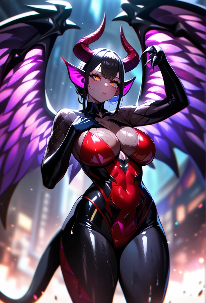 1girl,solo,super detailed skin,shiny skin,wet oily skin, expressionless, majestic wings,devil tail,demon skin, detailed eyes,eyelashes,lips gloss,small claws,majestic horns ,large breasts,beautifully shaped breasts, demon body hair ,vibrant colors,model pose,wide shot,masterpiece,best quality,ultra detailed,high resolution,sharp focus,depth of field,