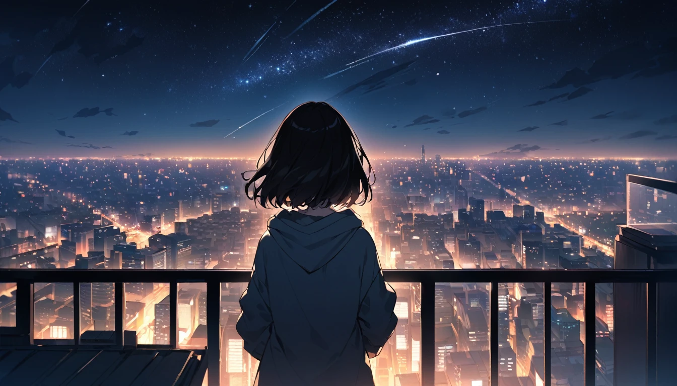 Starry Sky、Night view、City、One woman、Black Hair、Short Hair、Hair blowing in the wind、Wearing a hoodie、Back view、Full body portrait、Overlooking the city from the balcony