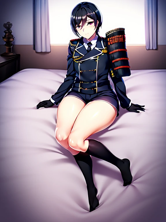 masterpiece, Best Quality, 1boy, black gloves, black hair, black socks, gloves, japanese armor, kneehighs, military uniform, necktie, purple eyes, shorts, shoulder armor, socks, solo, thick thighs, lying on bed, one side slit, full body, looking at viewer, thigh