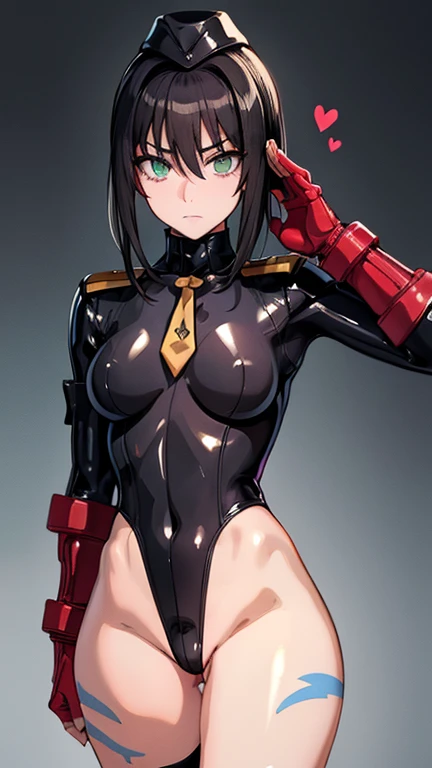 Masterpiece, Best Quality, Highly detailed, illustration, absurdres, street fighter, doll suit, shadaloo doll, girls, multiple girls, expressionless,  saluting, military, military saluting, salute, blank eyes, red gloves, emotionless, black latex, corrution, mind control, female combatant, full body, hypnotized, unhappy trance, full body suit, perfect female body, extremely glossy latex, Delmo Uniform, belt, hypnosis, hypnoLora, empty eyes, Mind control device, thigh high, poses, submissive_pose, visor, standing, Slave, collar, gang bang, haigure, slave oufit, full tight leg, military form, skirt, military uniform, hat, thigh-highs, tight miniskirt, tie, kneeling, from behind, heart-shape ass cutout clothing, bodysuit, Transparent buttocks, Butt crack emphasis, facing back, qin liangyu, fate/grand order, black hair, green eyes