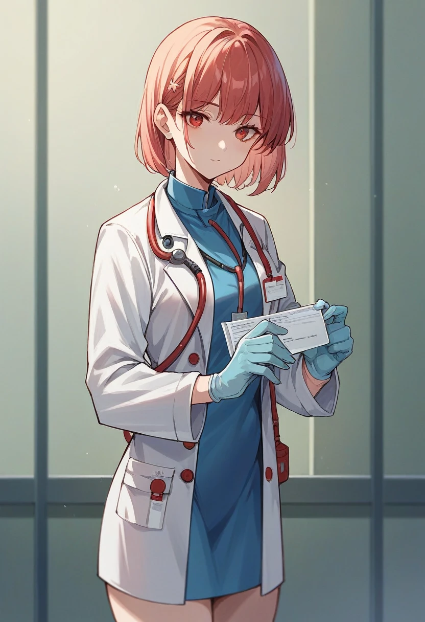 1girl, bangs, ((blue medical gloves)), ((((long sleeves)))), looking at viewer, ((red doctor outfit)), standing, solo