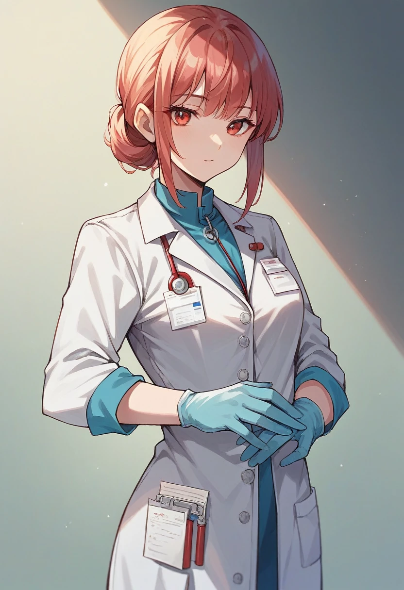 1girl, bangs, ((blue medical gloves)), ((((long sleeves)))), looking at viewer, ((red doctor outfit)), standing, solo