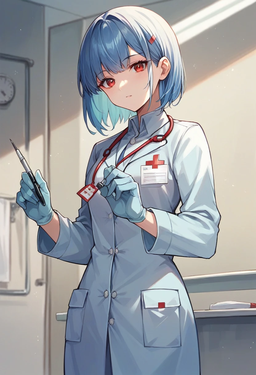 1girl, bangs, ((blue medical gloves)), ((((long sleeves)))), looking at viewer, ((red doctor outfit)), standing, solo