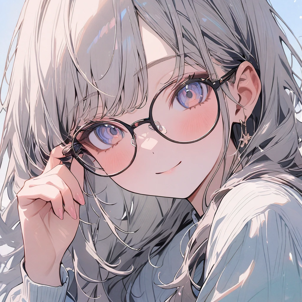 (masterpiece), best quality, very aesthetic, newest, absurdres, detailed, high quality, (close up), 1girl, , friendly, bubbly, modest, glasses, ((closed smile)), (soft colors), background, fixing glasses, front view, head tilt 