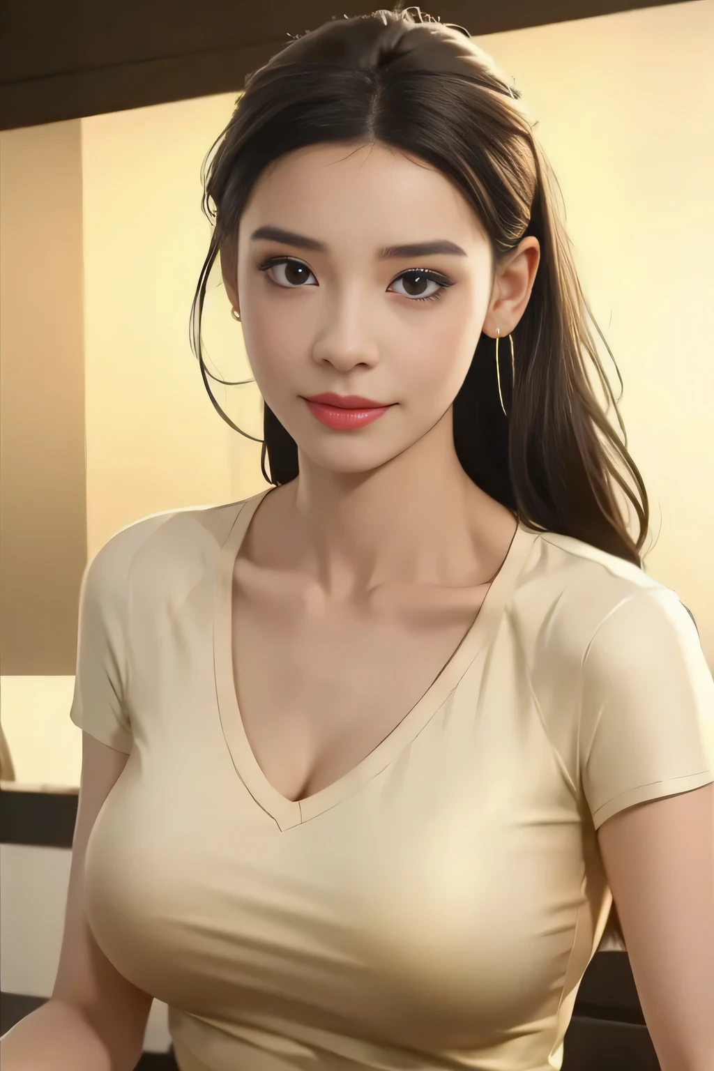 light brown hair, short ponytail, widow's peak, hoop earrings, grin, hair slicked back, depth of field, uhd, anatomically correct, textured skin, best quality, 8k, head shot、One Japanese woman、35 year old housewife、Perfect Makeup、Thin lips、Lip gloss、White V-neck T-shirt、