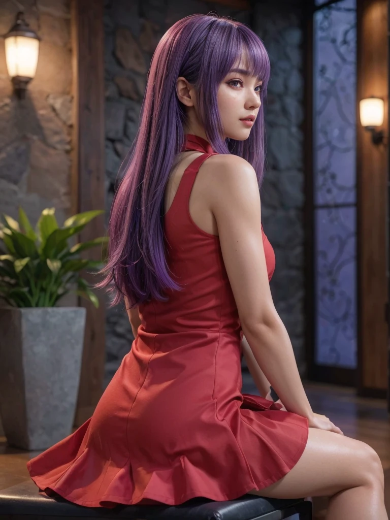 Ayane, cabelo roxo, (best qualityer, ultra detali), (realisitic:1.37), beautiful and detailed face, ultra-realisitic texture, 精致的面容, Delicate body, red lipgloss stick, long-lasting colors. High definition, 8k.
