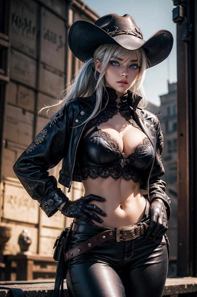 gothic, fit, thick, western, dark, ponytail, white hair, (blue eyes:1.3), pink eyes, (heterochromia:1.2), BREAK gloves, hat, navel, detached sleeves, midriff, belt, very tight, skin-tight, leather, brown pants, black pants, white gloves, black headwear, cowboy hat, hands on hips, BREAK sitting, outdoors, night, stars, moon, gothic, western, desert town, , BREAK looking at viewer, (cowboy shot:1.5), BREAK (masterpiece:1.2), best quality, high resolution, unity 8k wallpaper, ULTRA DETAIL, pretty face, purple lipstick, (illustration:0.8), (beautiful detailed eyes:1.6), extremely detailed face, perfect lighting, extremely detailed CG, (perfect hands, perfect anatomy), cameltoe, tight jacket, tight corset, brown, black, white, cleavage, chest, tight shirt, white, buttoned, vest, tight vest