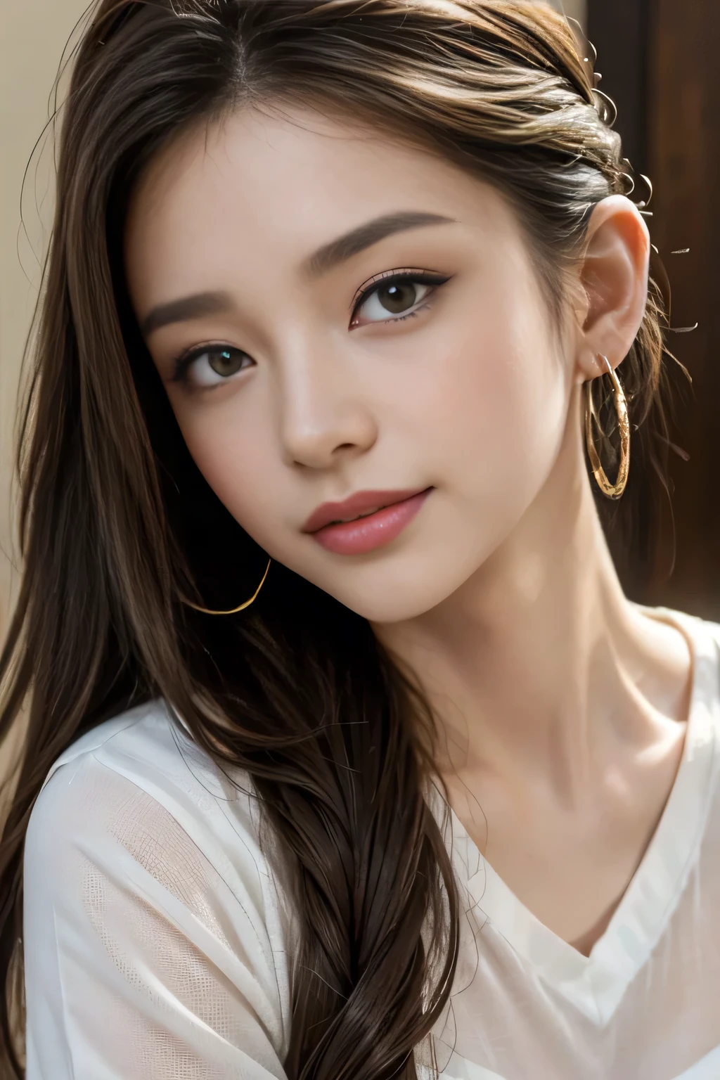 light brown hair, short ponytail, widow's peak, hoop earrings, grin, hair slicked back, depth of field, uhd, anatomically correct, textured skin, best quality, 8k, head shot、One Japanese woman、35 year old housewife、Perfect Makeup、Thin lips、Lip gloss、White V-neck T-shirt、