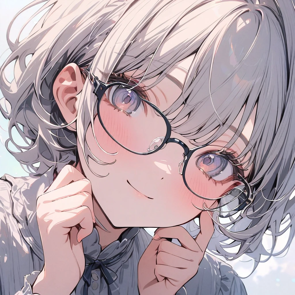 (masterpiece), best quality, very aesthetic, newest, absurdres, detailed, high quality, (close up), 1girl, , friendly, bubbly, modest, glasses, ((closed smile)), (soft colors), background, fixing glasses, front view, head tilt