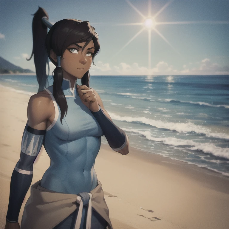 masterpiece, best quality, 1 fgirl,  korra, toned, dark skin, ponytail, topknot,  looking at viewer, upper body, beach background, sunshine, sky, cloud, (cyan eyes:0.6)  