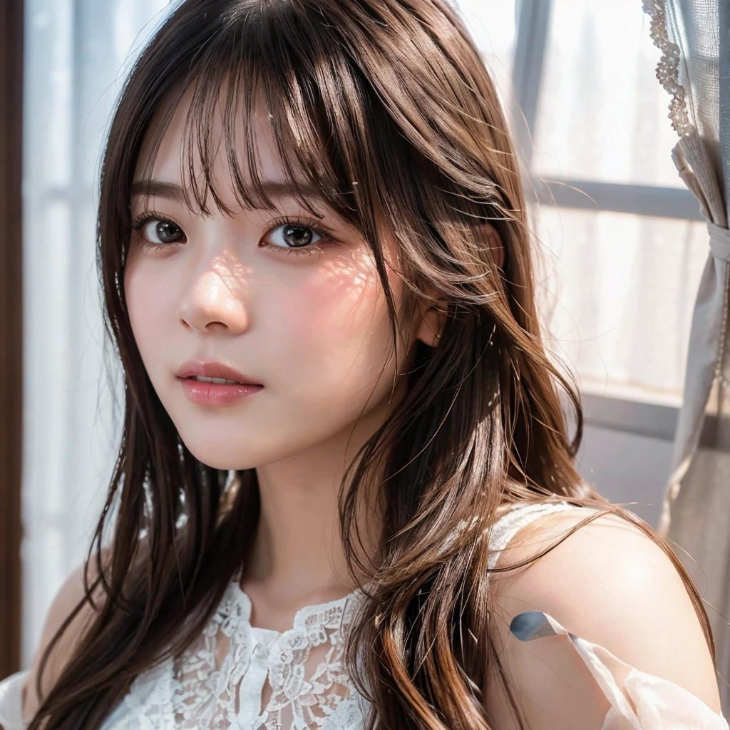 (Highest quality,masterpiece:1.3,超High resolution),(Very detailed,Caustics,8k),(Realistic:1.4,RAW shooting),Super detailed, 超High resolution,18-year-old,Rembrandt Lighting, Detailed lips、Ray Tracing,Detailed skin texture, Japanese,黒いLong Hair,耳前にLong Hair, (Long Hair:1.2), (Wavy Hair:1.2), (鈍いbangs:1.2), Chest-up shot,Ultra high definition 8K,Highest quality,Very detailedな,masterpiece,Realistic,Rich details,Photographic realism,Very detailedな環境,Very detailedな照明,Very detailedな詳細,,Detailed skin texture,Scattered under the surface,(blush:0.5),Photographic works,A slightly sad expression,Beautiful, shining lips, Detailed face、 bangs, Hair between the eyes, (Tangled in lace curtains:1.5),Looking into the camera,Top view angle,,Natural light, masterpiece, Highest quality, High resolution, ,(Face Focus:1.1),(Face close-up:1.1),Sunset