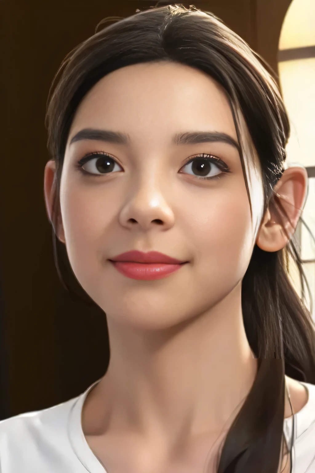 light brown hair, short ponytail, widow's peak, hoop earrings, grin, hair slicked back, depth of field, uhd, anatomically correct, textured skin, best quality, 8k, head shot、One Japanese woman、35 year old housewife、Perfect Makeup、Thin lips、Lip gloss、White V-neck T-shirt、