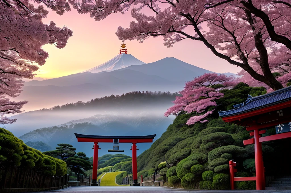 Arafad view with gate and path leading to the mountain, Mount Japan中的鸟居, Torii gate with trees on the mountain, Japanese Landscape, The Flowery Road to Heaven, Japanese Nature, Japanese travel aesthetics, lush Japanese Landscape, Inspired by Torii Kiymoto, Japanese temples, Mount Japan, Japanese Shrines, Centered Torii,((low angle shot 1.7)) ((Camera lens close to the ground to shoot 1.8))