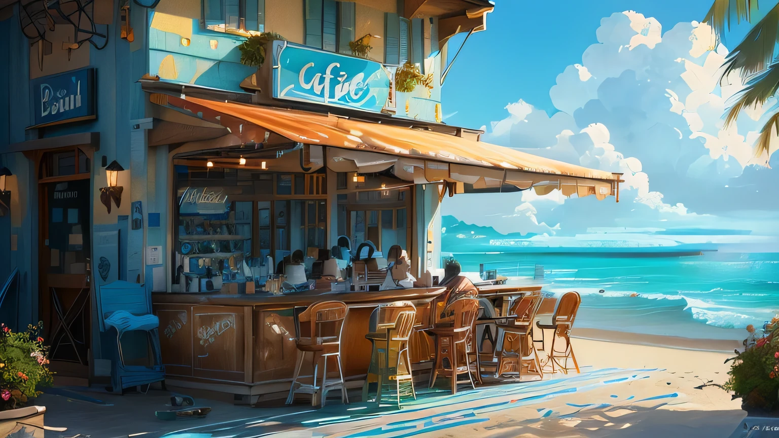 painting of a Beach Bar with chairs and tables on the beach, cozy Cafe background, Beautiful digital painting, Relaxing concept art, Highly realistic concept art, coffee shop, Highly detailed digital painting, Beautiful digital art, Awesome Wallpapers, Highly detailed digital painting, Highly detailed digital painting, Cafe, Beach Bar, stylized digital illustration, Gorgeous digital painting, Photorealistic concept art
