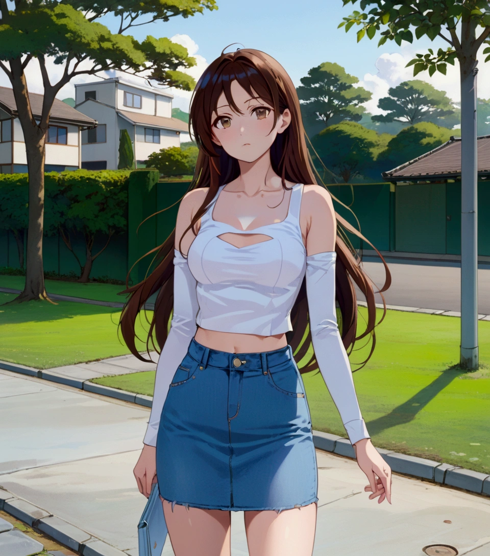 realistic anime illustration of chizuru ichinose is standing at her home 's park lot, she has a brown long wavy hair and wearing white shrug and tanktop, light-blue denim pencil skirt, (1girl, solo, full body), (masterpiece, best quality, Japanese anime style)