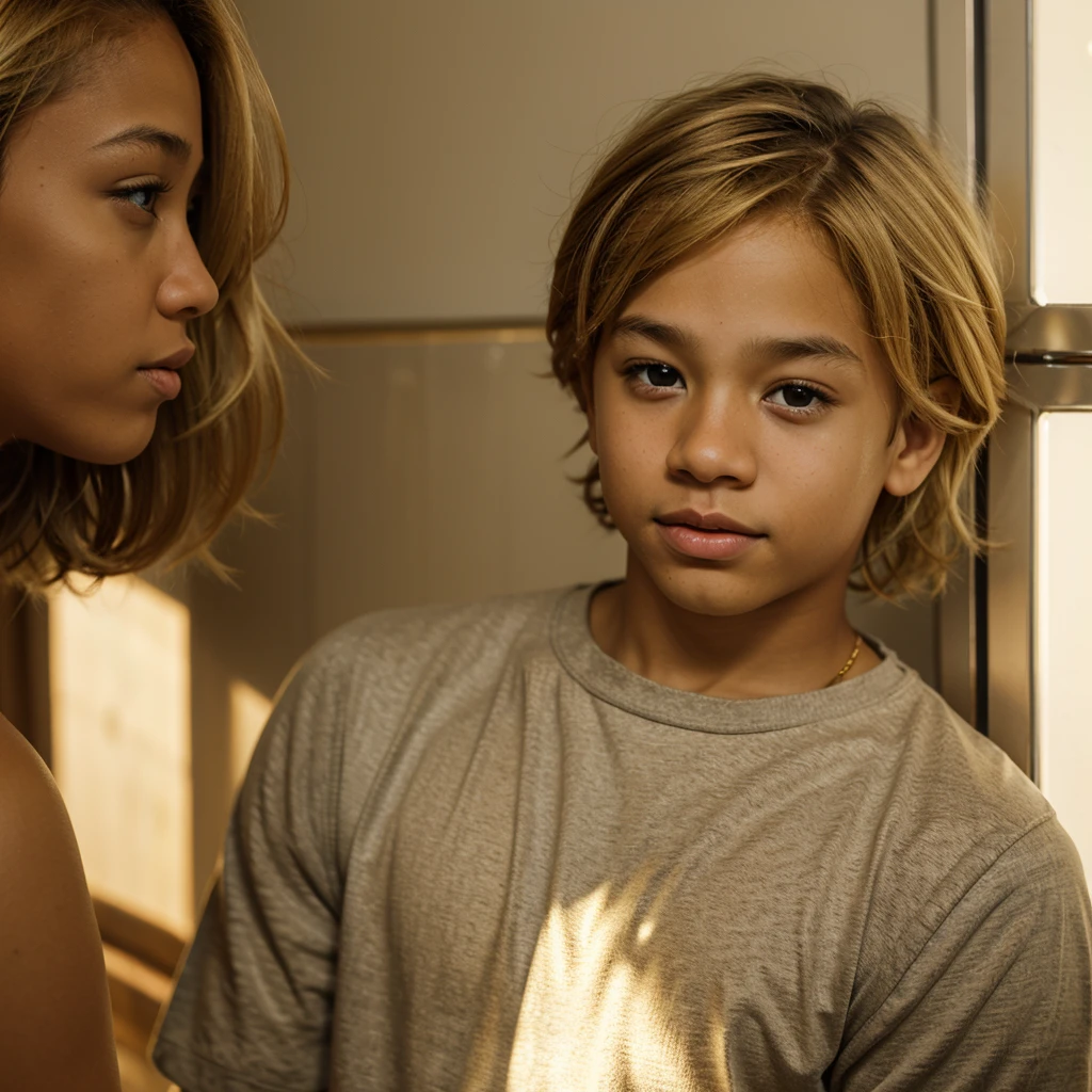 Light skin biracial young boy with golden blond hair and brown eyes