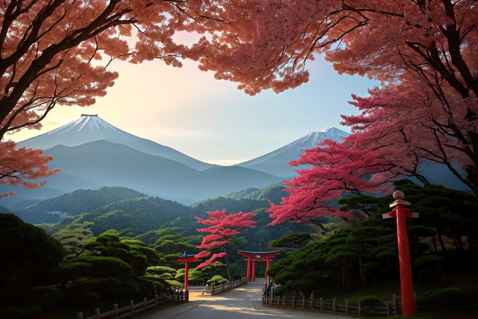 Arafad view with gate and path leading to the mountain, Mount Japan中的鸟居, Torii gate with trees on the mountain, Japanese Landscape, The Flowery Road to Heaven, Japanese Nature, Japanese travel aesthetics, lush Japanese Landscape, Inspired by Torii Kiymoto, Japanese temples, Mount Japan, Japanese Shrines, Centered Torii,((low angle shot 1.7)) ((Camera lens close to the ground to shoot 1.8))