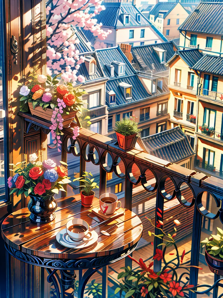 a cup of coffee sitting on top of a wooden table, beautiful terrace, terrace, balconies, paris background, balcony, sitting in french apartment, plants on balconies, pleasant cozy atmosphere, on a balcony, cozy cafe background, morning coffee, rooftop romantic, paris, with eiffel view, paris city, cozy place, springtime morning, cozy atmosphere, 4k hd, beautiful art uhd 4 k, a beautiful artwork illustration, beautiful digital painting, highly detailed digital painting, beautiful digital artwork, detailed painting 4 k, very detailed digital painting, rich picturesque colors, gorgeous digital painting
