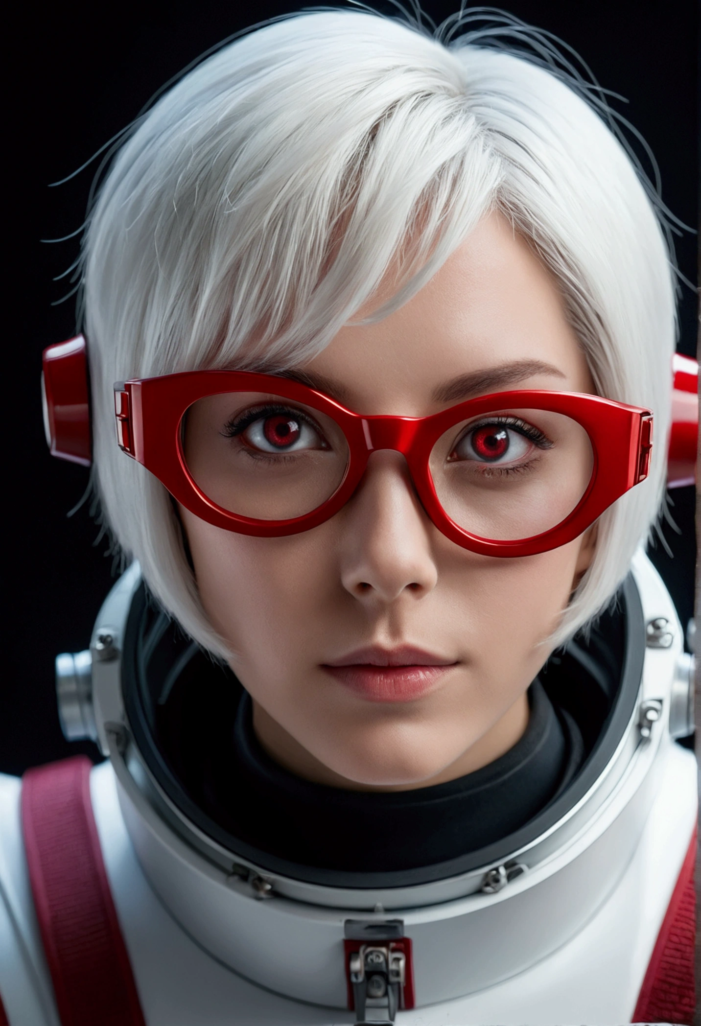 masterpiece , ( lite white short hair:1.2), (red eyes:1.2) , (8k, best quality 1.2), ultra-detailed, 8k uhd, soft lighting, high quality, film grain, beautiful lighting, cinematic ,perfect body , best illumination, best shadow, sharpness, contrast, red glasses, absurdres high detailed face, seen from above in spacesuit, space, floating, wide angle lens distortion, red eyes