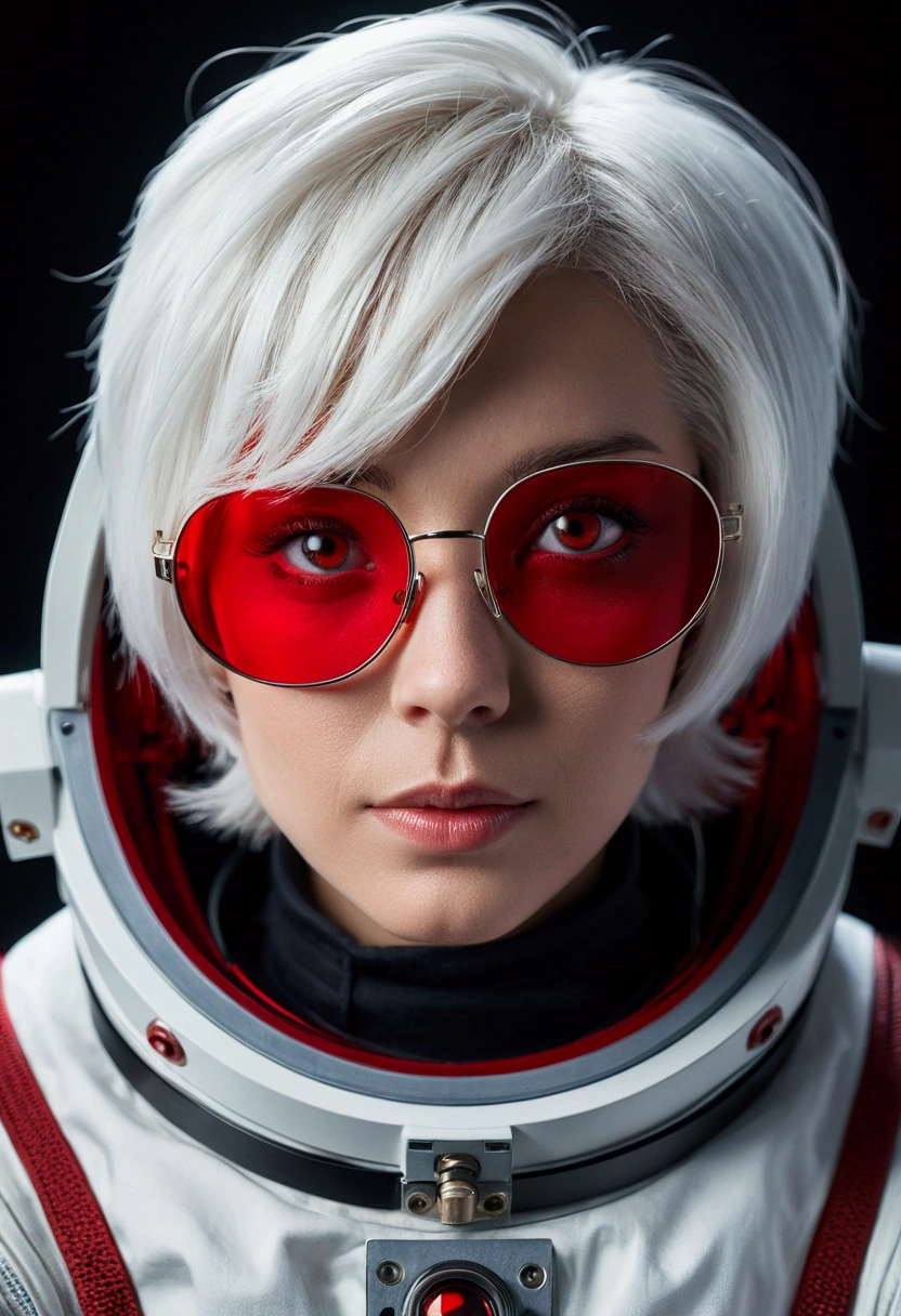 masterpiece , ( lite white short hair:1.2), (red eyes:1.2) , (8k, best quality 1.2), ultra-detailed, 8k uhd, soft lighting, high quality, film grain, beautiful lighting, cinematic ,perfect body , best illumination, best shadow, sharpness, contrast, red glasses, absurdres high detailed face, seen from above in spacesuit, space, floating, wide angle lens distortion, red eyes
