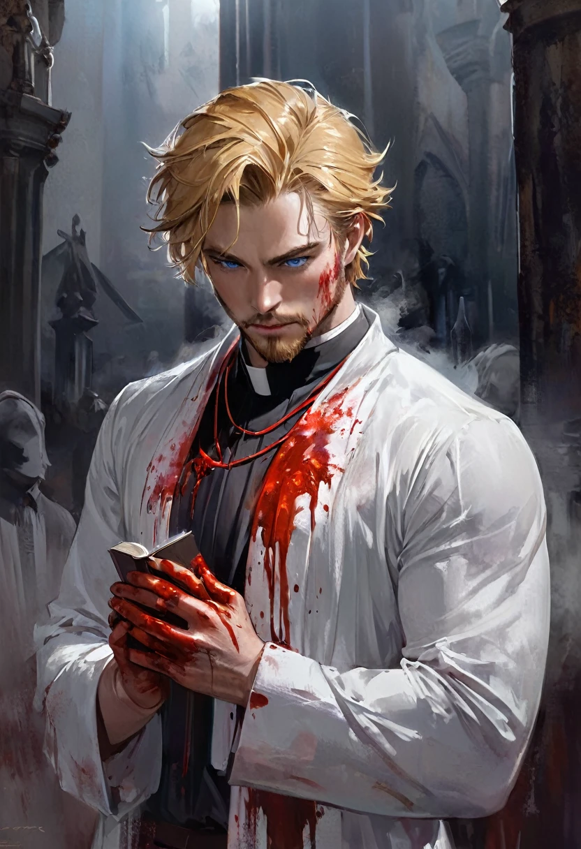 "Realistic Digital Painting with Concept Art Elements"," digital painting," "concept art," "realistic," "high detail", "1boy", "muscular", "wearing priest garment", "blood all over his hands and priest garments", "high-res", "blonde hair", "church", "moonlight", "bible in hand", "full body shot", "ominous aura,", "bloody garments", "blood all over his face" "detailed-Eyes", "detailed-face", "blood on lips", "blood trickling down chin", "8k resolution", "heavily bloody as the entire garment is coated in red liquid", "soft colors" , "cool ambience" , "blood over the garment.", "praying" , "holding bible", "yellow eyes", "oil painting", "darker tone" , "little saturation" ,"dark feeling", "dirty artsyle", "concept art", "19th centaury london feel" Realistic Digital Painting with Concept Art Elements"," digital painting," "concept art," "realistic," "high detail", "muscular",, "high-res", "ominous aura,", "8k resolution", "oil painting", "darker tone" , "little saturation" ,"dark feeling", "dirty art-style", "concept art" , "detailed features" , "detailed eyes" "1man" , "shoulder length ginger hair" , "sharp features" , "handsome" , "blue-eyes" , "long sleeve shirt" , "pants" , "smoking a cigarette" , "full body" , "toned body" , "dangerous looking" , "loose tie around neck" , "Adam's apple" , "masculine" , "extremly short beard" , " dark circles under eyes" , "boss"