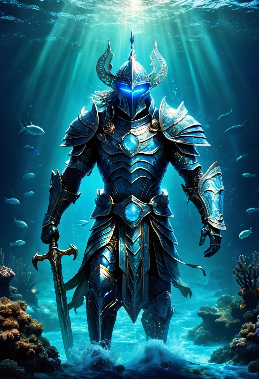A mysterious warrior emerges from the depths of the sea in Atlantean armor, ready to defend his kingdom against any threat. His luminescent blue eyes reflect the power and wisdom of the oceans.