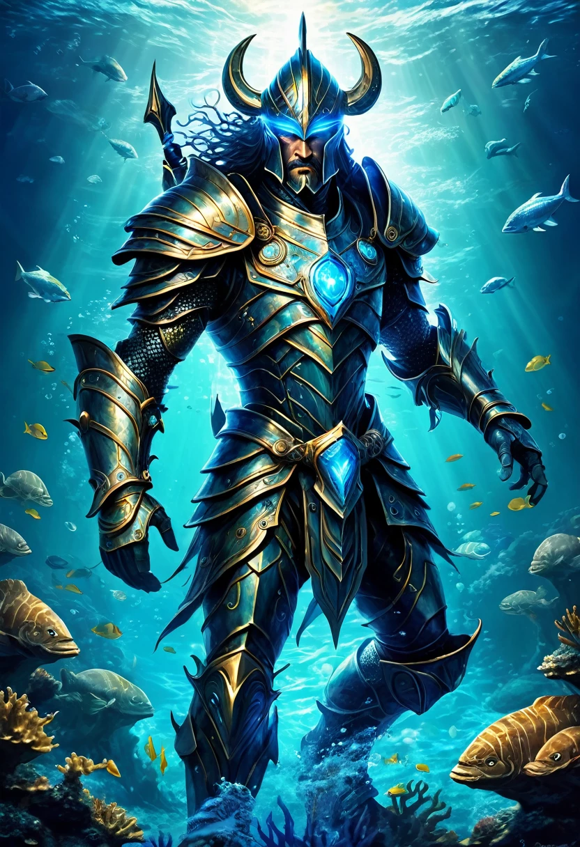 A mysterious warrior emerges from the depths of the sea in Atlantean armor, ready to defend his kingdom against any threat. His luminescent blue eyes reflect the power and wisdom of the oceans.