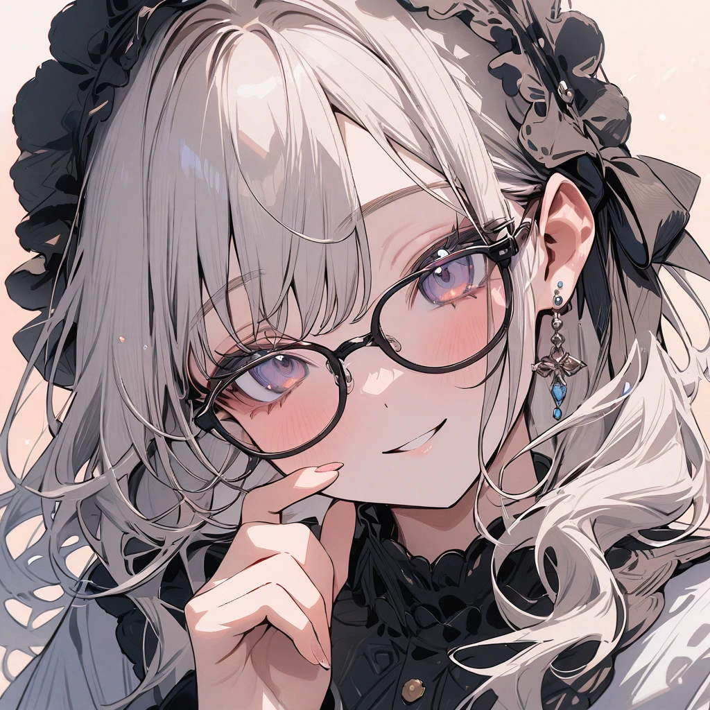 (masterpiece), best quality, very aesthetic, newest, absurdres, detailed, high quality, (close up), 1girl, looking at viewer, , friendly, bubbly, modest, glasses, ((closed smile)), (soft colors), background, fixing glasses, front view, head tilt