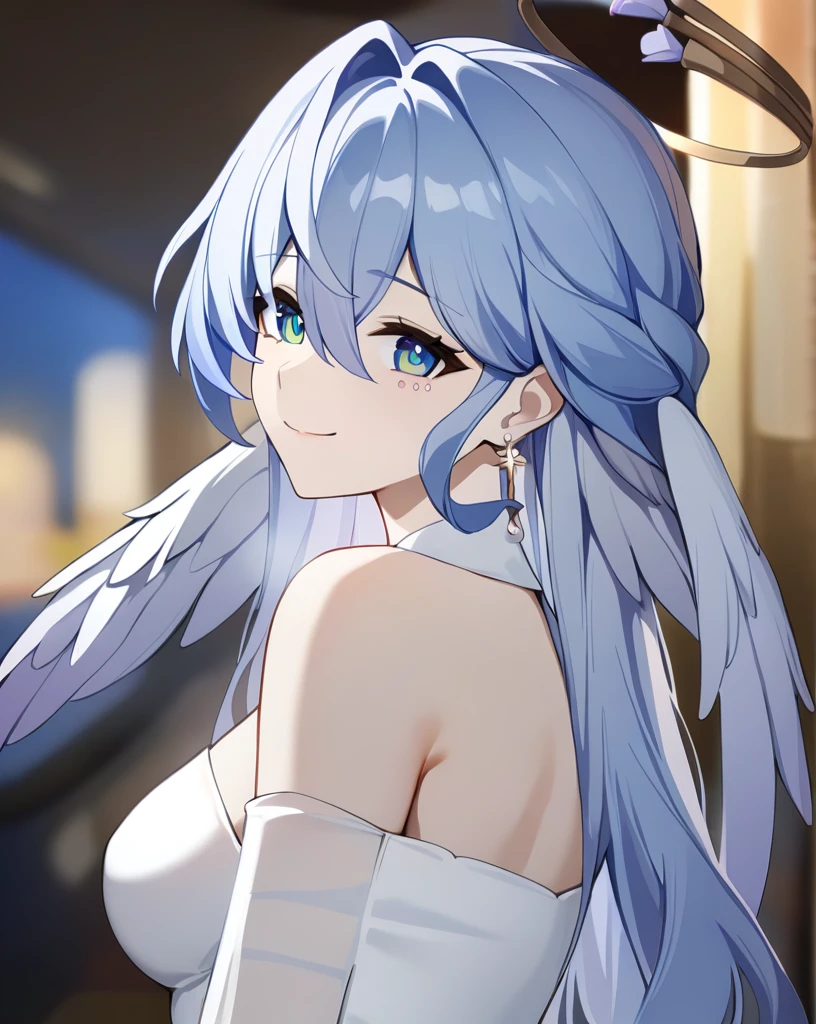 masterpiece,best quality,robin_(honkai:_star_rail), head_wings, angel, virtual_youtuber, 1girl, white_wings, looking_at_viewer, halo, wings, upper_body, solo, from_side, blurry_background, closed_mouth, dress, bare_shoulders, smile_ singing 