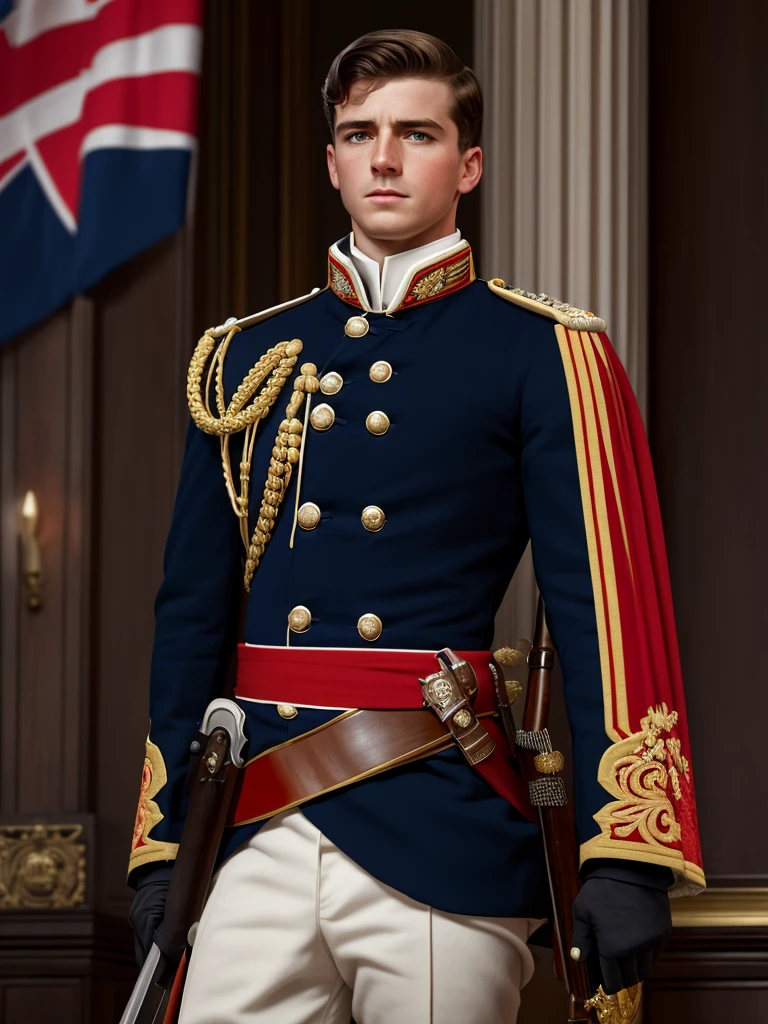 (piece of master), (best quality), realistic view, cinemactic, fotorrealism, rendering, Realistic, ultra detaild, face perfect, portraite, up chest, Young British Guard, man in the 19th century, Guard in England, British Guard uniform, facing the front, looking straight ahead