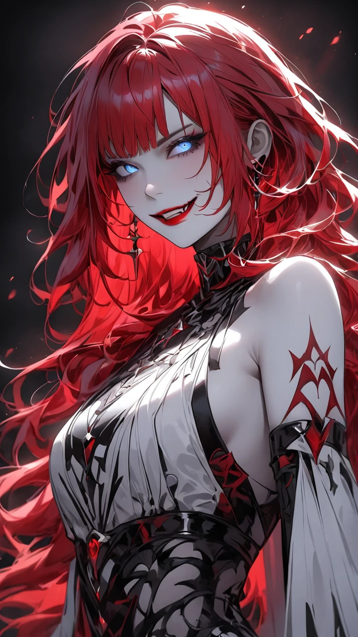 highest quality、masterpiece、1 girl、black background、red hair:1.5、blue eyes、red lips, white clothes、Black and white world、Black and white world、pale skin、side blade, evil smile