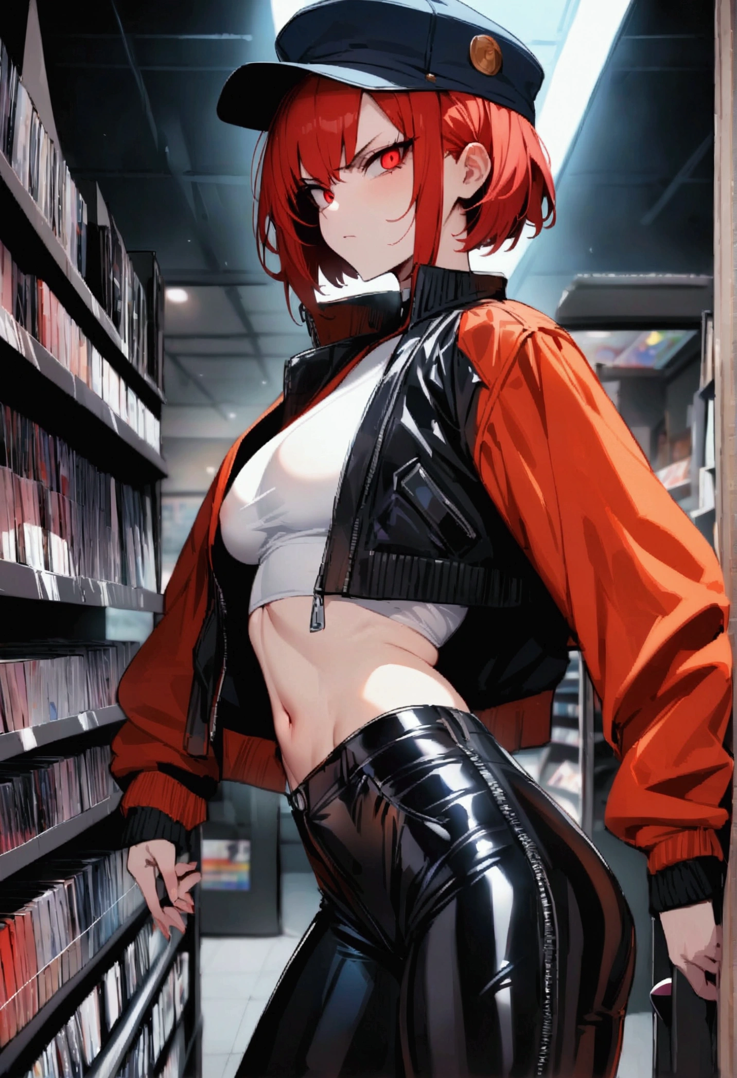 NSFW,masterpiece,Highest quality,High resolution,Very detailed,short hair,Red Hair,Red eyes,Slit eyes,Serious face,cap,White crop top shirt,Jacket,Leather pants,Groin,CD Shop,From the side