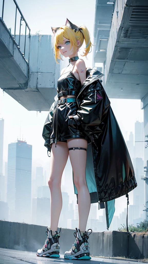 1 girl, pastelcolor, yellow hair strokes, Cyan eyes, short detailed hair, Small cat ears, Cyberpunk clothes, There are a lot of hairpins in the hair, Shoulders open, Hands open, Slimming the waist, Happy smile, whole-length, legsupms, Reference, Anime reference, Reference roles from different angles, white backgrounid