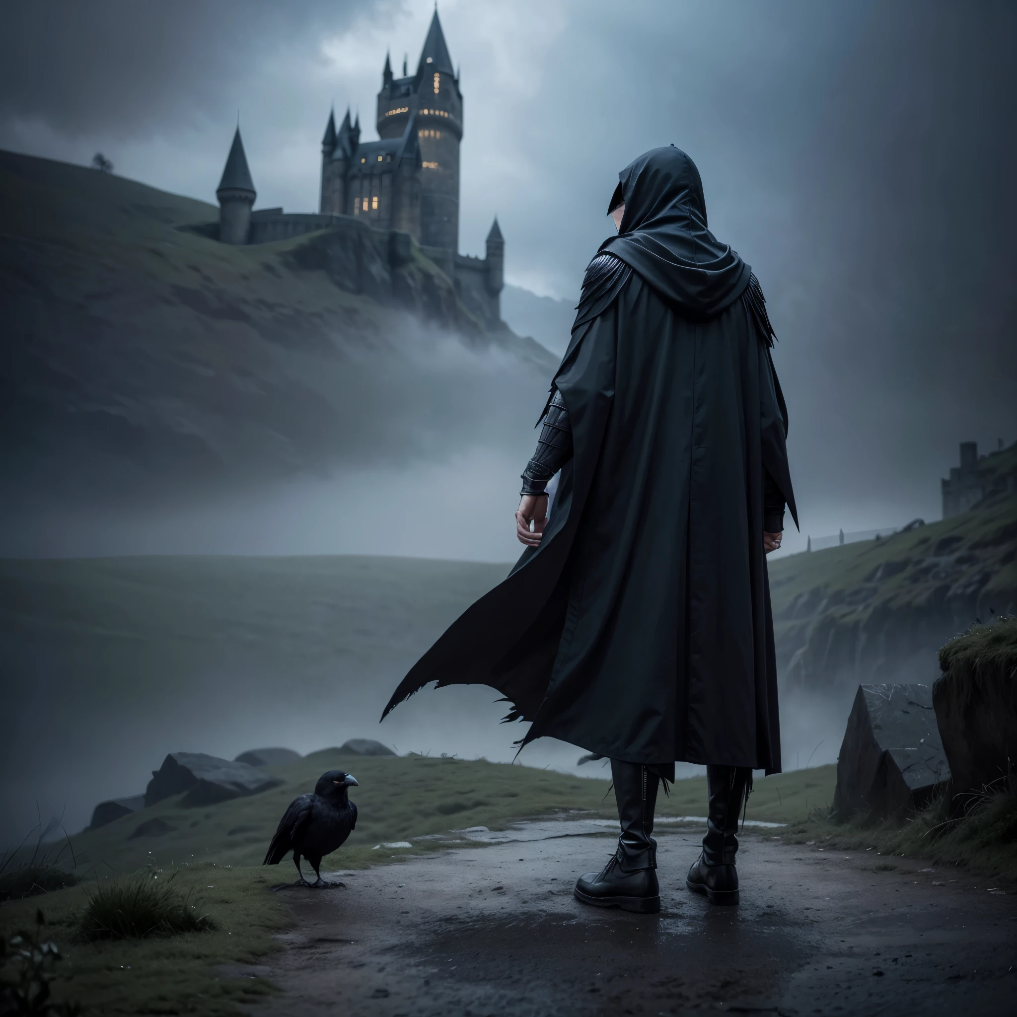 work of art, best qualityer, ultra high resolution, comely, visually stunning, chic, Incredible details, award-winning art, g0s1,hooded cloak,torn cloak, with no face, natta, fog, natta sky, 1 steam0, standing alone, sin humanos, crow, crow de estimação, grim, standing backwards, olhando para um stone castle, Hogwarts, crow, stone castle, dark medial castle, crow de estimação,standing backwards, humano e um crow