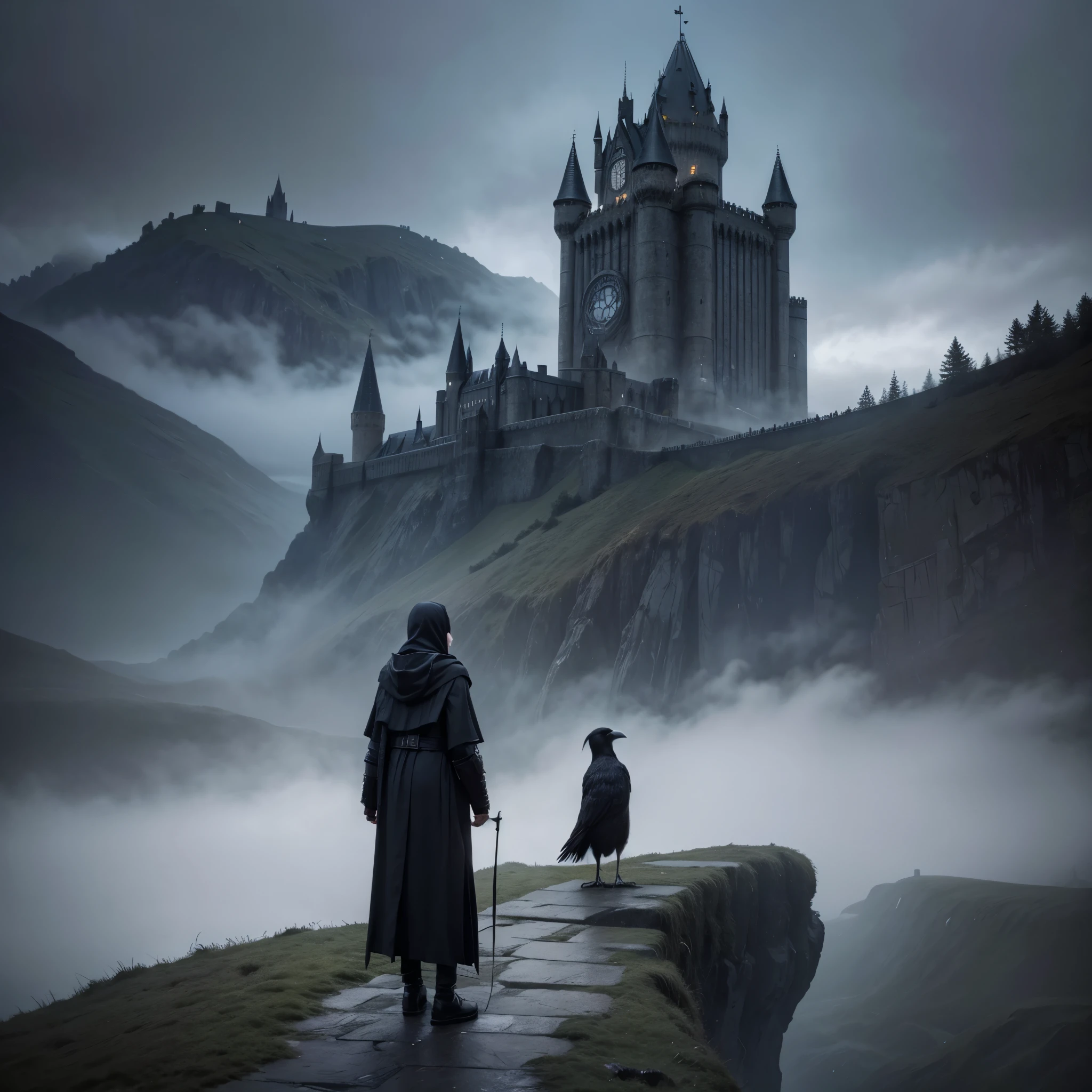 work of art, best qualityer, ultra high resolution, comely, visually stunning, chic, Incredible details, award-winning art, g0s1,hooded cloak,torn cloak, with no face, natta, fog, natta sky, 1 steam0, standing alone, sin humanos, crow, crow de estimação, grim, standing backwards, olhando para um stone castle, Hogwarts, crow, stone castle, dark medial castle, crow de estimação,standing backwards, humano e um crow