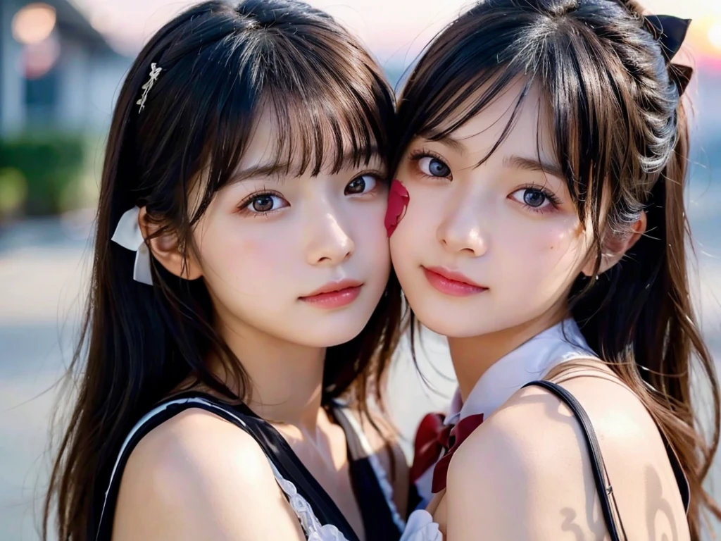 Two beautiful girls,Cheek to cheek,Embrace each other,(8k, RAW Photos, Highest quality, masterpiece:1.2), Super detailed, Ultra-high resolution, (Realistic, photo Realistic:1.37), High-definition RAW color photos, Professional photos, Depth of written boundary, Detailed lips、Beautiful, shining lips, Detailed face、Very delicate and beautiful, Very detailed, In detail, Large file size, Very detailed skin, Very detailed clothing, Two Girls, (18-year-old:1.2), Ten generations, Cute girl, Famous Japanese Idols, Black Hair, (Long Hair:1.2), (Wavy Hair:1.2), (Blunt bangs:1.2), young, Cute face, Baby Face, Realistic face, Beautiful and detailed eyes, Droopy eyes, Big black eyes, Beautiful and clear eyes,Scattered beneath the surface,(blush:0.5), Detailed skin texture, (race:1.2), (Black bow tie:1.1), (Hair Ribbon:1.2), Facing forward, Highest quality,masterpiece:1.3,Ultra-high resolution),(Very detailed,Caustics,8k),(Realistic:1.4,RAW shooting),Looking at the camera,Collarbone Bare Skin,Shoulder Bare Skin,(Face Focus:1.1),(Face close-up:1.1),Sunset,Natural light