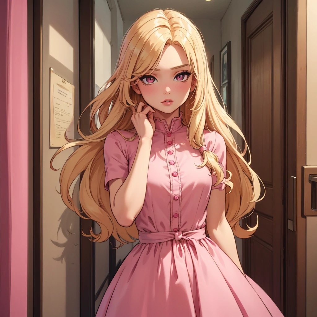 1 girl alone, long blonde hair, good quality, brown eyes, beautiful face like a doll, pink lips, small breasts, short pink dress, the background is a poor house 