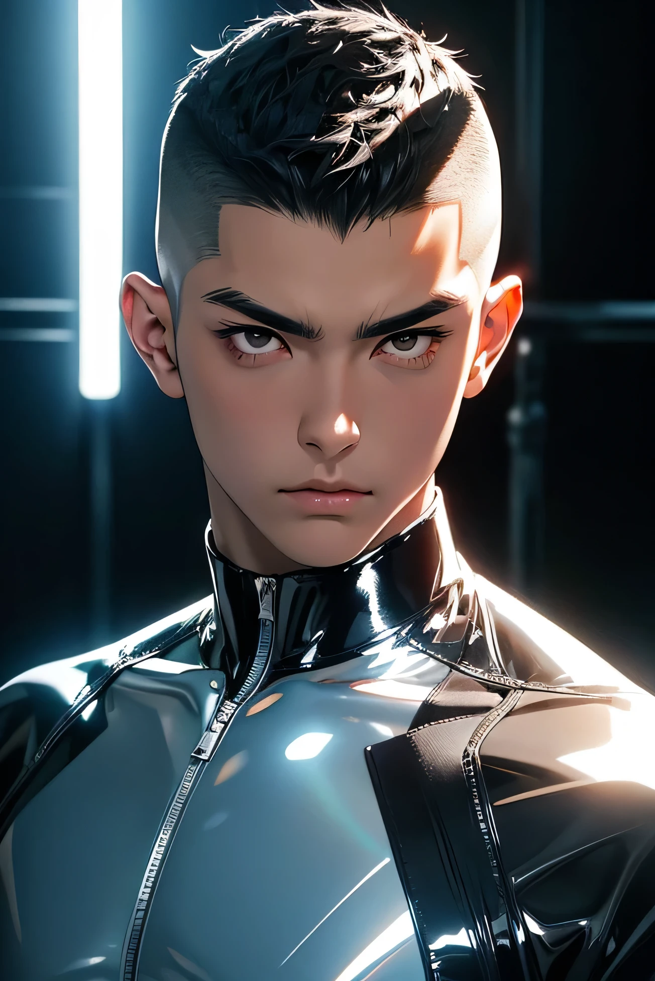 Japanese male handsome model Black Hair Short cut G-I-A-CUT Skinhead looking at the camera Shiny full-body silver suit Shiny silver latex suit Fierce face Handsome future Metal Body grim stare gaze Sad expression Moist eyes
