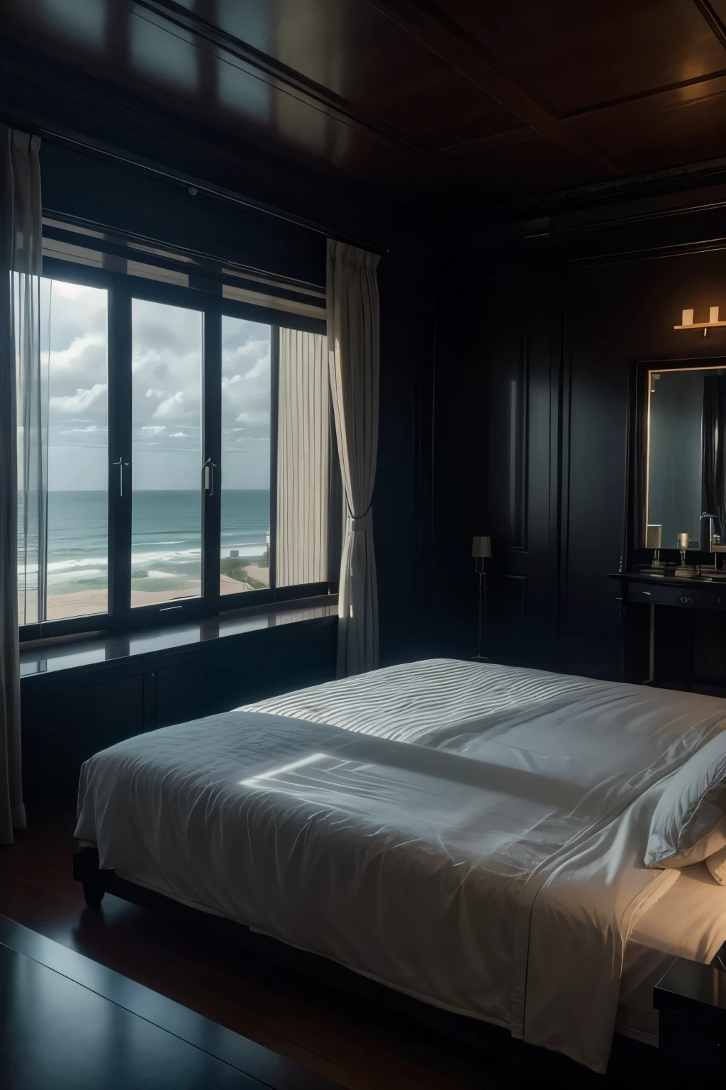 A contrast between luxury and mystery can be represented by an image of a dark and gloomy luxurious residence, with a window in the background showing Pedra da Gavea and Praia da Barra, but with a touch of mystery.