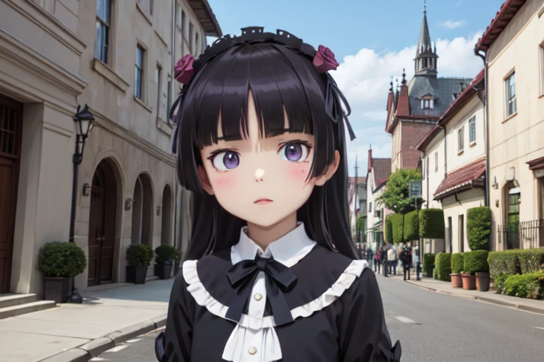 (ruri gokou), girl, (alone), Hime cut, Gothic Lolita, Lolita Fashion, head band, middle ages, European Castles, another world, masterpiece, punk, Black eyeshadow