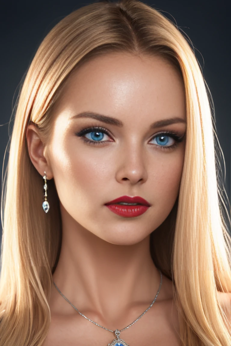 half-length portrait 30 years old caucasian woman, nagy slanting blue eyes very long blonde hair, tanned, beautiful full dark red lips, little nose, beautiful woman, silver earrings, silver necklace, gemstone pendant, hyper detailed photography, soft light, realistic portrait