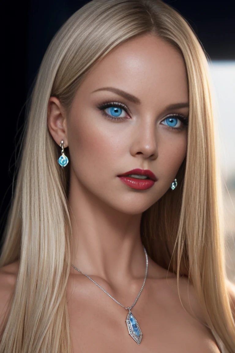 half-length portrait 30 years old caucasian woman, nagy slanting blue eyes very long blonde hair, tanned, beautiful full dark red lips, little nose, beautiful woman, silver earrings, silver necklace, gemstone pendant, hyper detailed photography, soft light, realistic portrait