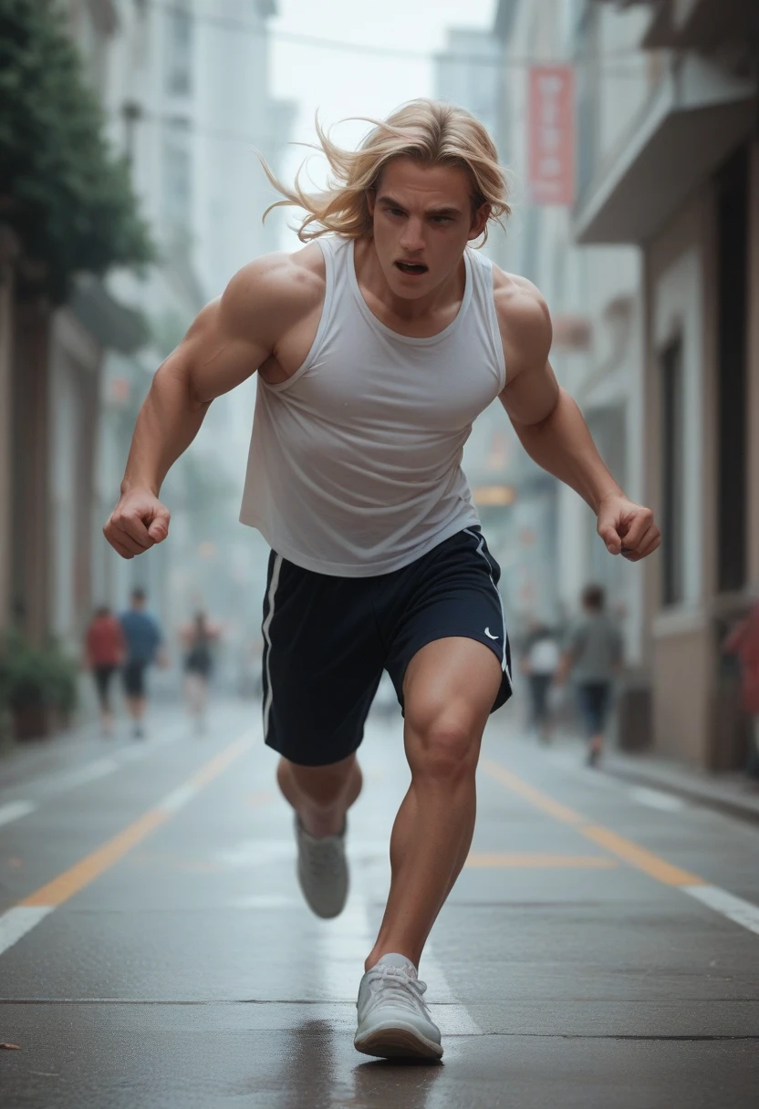 Too big blonde running from a boy