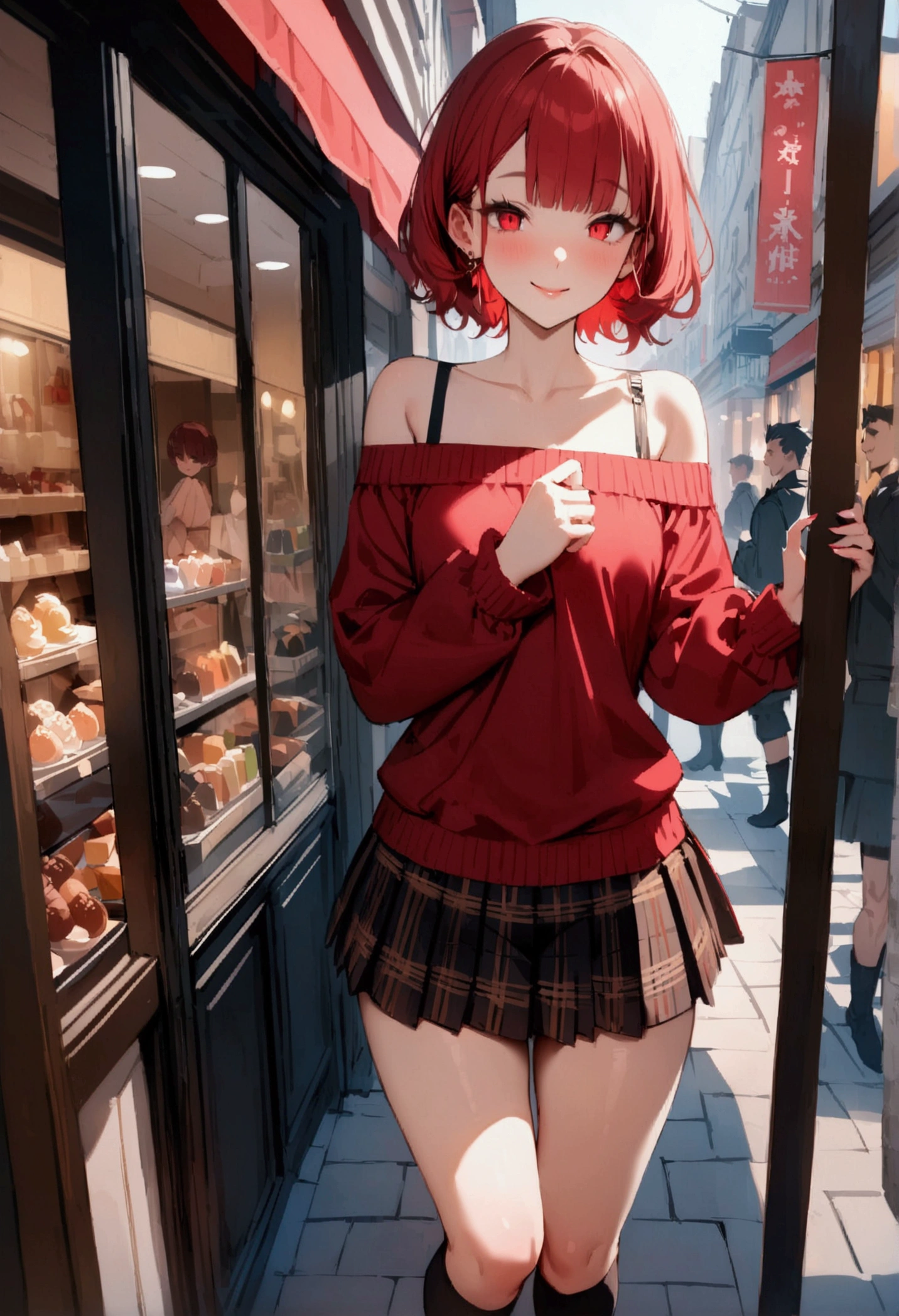 NSFW,masterpiece,Highest quality,High resolution,Very detailed,short hair,Red Hair,Red eyes,Slit eyes,Off-the-shoulder shirt,Long sleeve,Checkered pleated mini skirt,Knee-high socks,Knee-high boots,bustling street,shop window,smile,Window Shopping,(Young men),Date