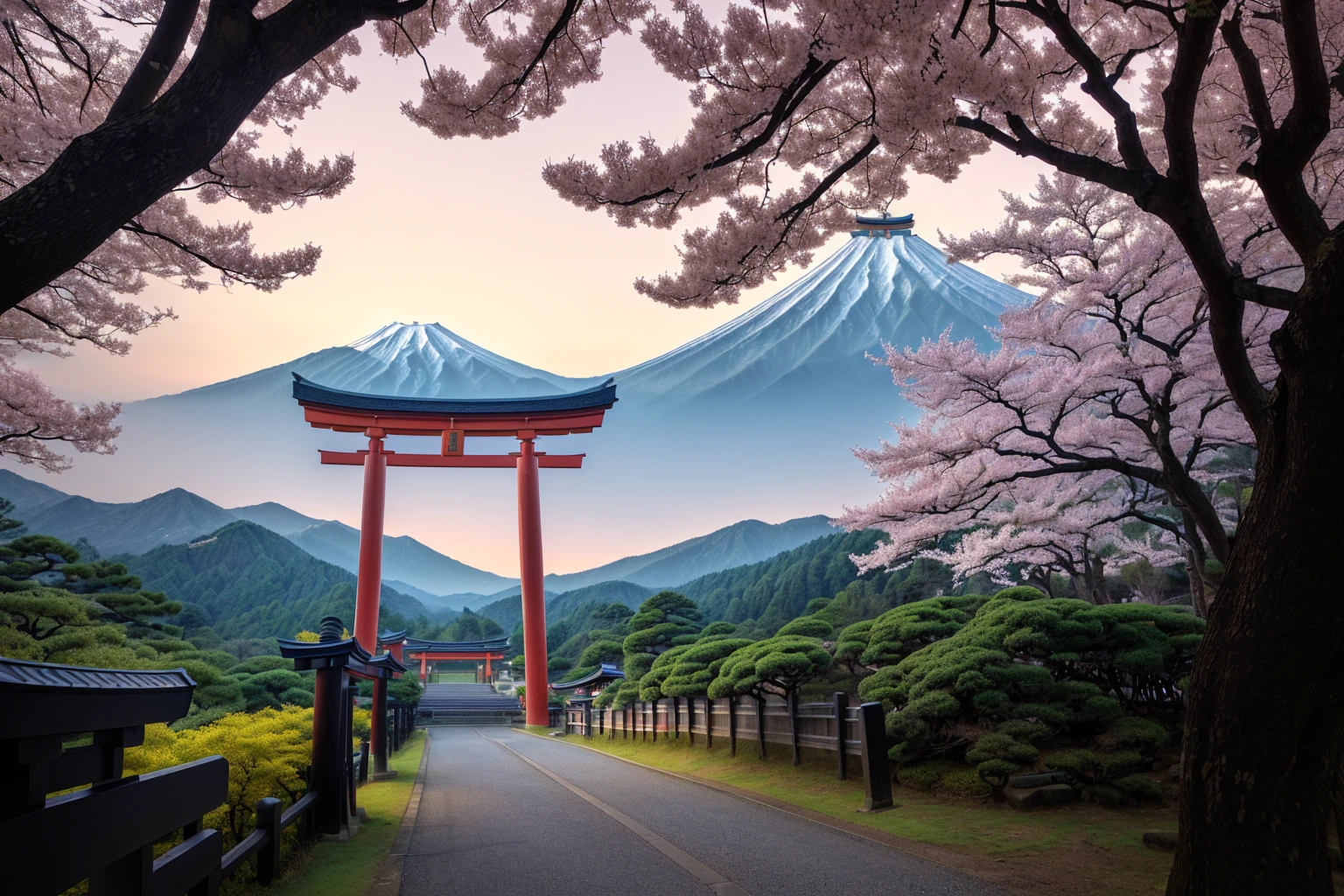 Arafad view with gate and path leading to the mountain, Mount Japan中的鸟居, Torii gate with trees on the mountain, Japanese Landscape, The Flowery Road to Heaven, Japanese Nature, Japanese travel aesthetics, lush Japanese Landscape, Inspired by Torii Kiymoto, Japanese temples, Mount Japan, Japanese Shrines, Centered Torii,((low angle shot 1.7)) ((Camera lens close to the ground to shoot 1.8))